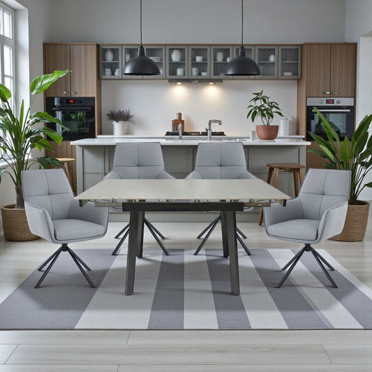 0.8m Grey Square Extending Ceramic Table & 4 x Dark Grey Luxe Cross Stitch Swivel Chair Set - The Furniture Warehouse