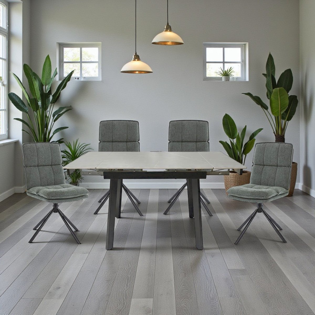 0.8m Grey Square Extending Ceramic Table & 4 x Forest Green Luxe Panel Stitch Swivel Chair Set - The Furniture Warehouse
