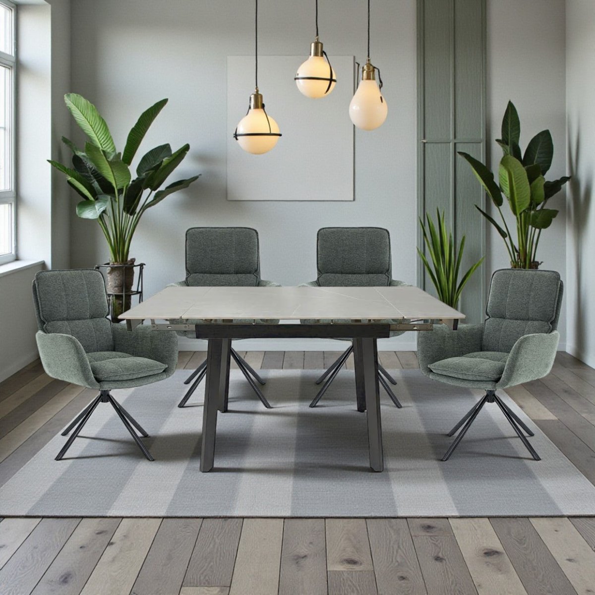 0.8m Grey Square Extending Ceramic Table & 4 x Forest Green Luxe Panel Stitch Swivel Chair Set - The Furniture Warehouse