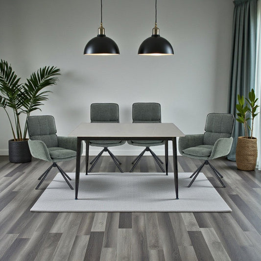 1.2m Grey Ceramic Table & 4 x Forest Green Luxe Panel Stitch Swivel Chair Set - The Furniture Warehouse
