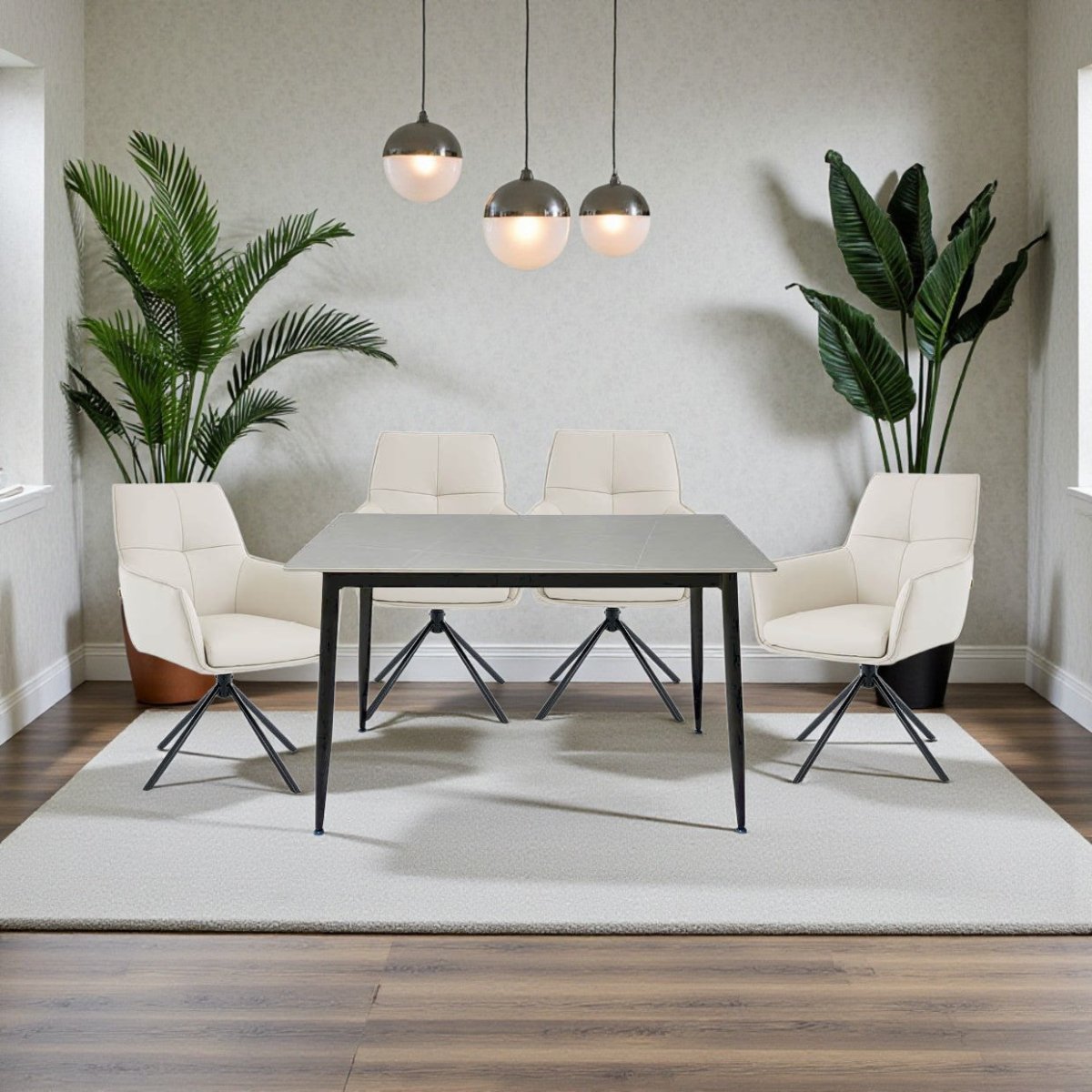 1.2m Grey Ceramic Table & 4 x Light Grey Luxe Cross Stitch Swivel Chair Set - The Furniture Warehouse