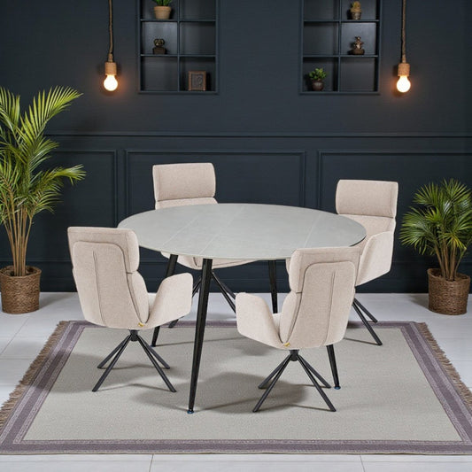 1.2m Grey Circular Ceramic Table & 4 x Biscuit High Back Swivel Chair Set - The Furniture Warehouse