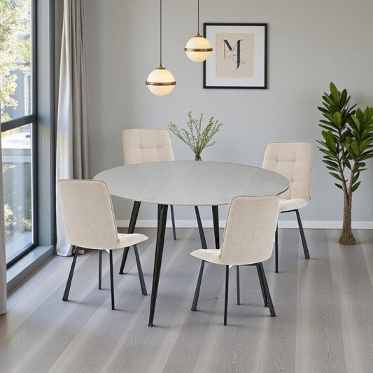 1.2m Grey Circular Ceramic Table & 4 x Biscuit Panel Stitch Chair Set - The Furniture Warehouse