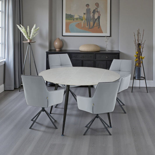 1.2m Grey Circular Ceramic Table & 4 x Dark Grey Luxe Cross Stitch Swivel Chair Set - The Furniture Warehouse