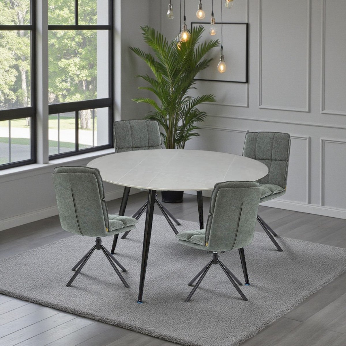 1.2m Grey Circular Ceramic Table & 4 x Forest Green Luxe Panel Stitch Swivel Chair Set - The Furniture Warehouse