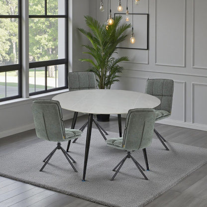 1.2m Grey Circular Ceramic Table & 4 x Forest Green Luxe Panel Stitch Swivel Chair Set - The Furniture Warehouse