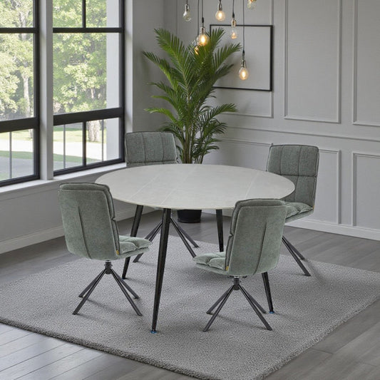 1.2m Grey Circular Ceramic Table & 4 x Forest Green Luxe Panel Stitch Swivel Chair Set - The Furniture Warehouse
