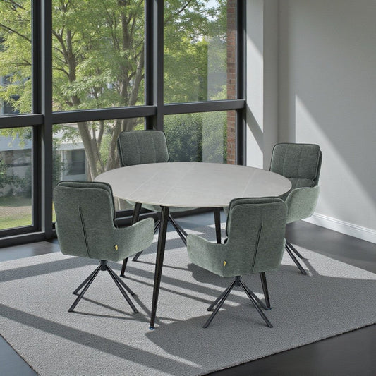 1.2m Grey Circular Ceramic Table & 4 x Forest Green Luxe Panel Stitch Swivel Chair Set - The Furniture Warehouse