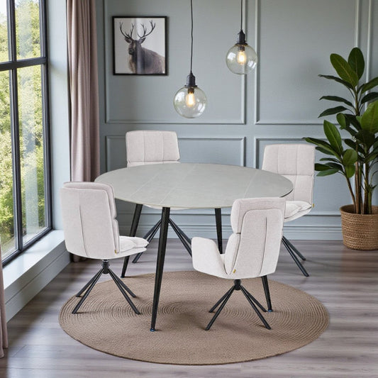 1.2m Grey Circular Ceramic Table & 4 x Grey Luxe Panel Stitch Swivel Chair Set - The Furniture Warehouse