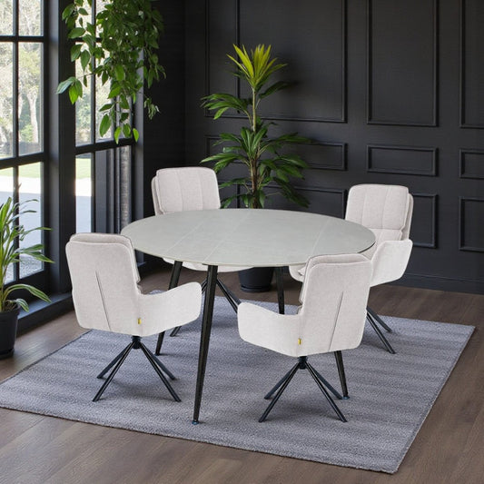 1.2m Grey Circular Ceramic Table & 4 x Grey Luxe Panel Stitch Swivel Chair Set - The Furniture Warehouse
