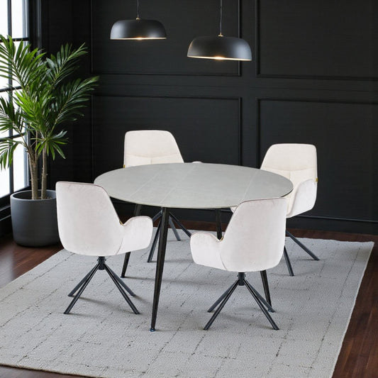 1.2m Grey Circular Ceramic Table & 4 x Grey Luxe T Stitch Swivel Chair Set - The Furniture Warehouse