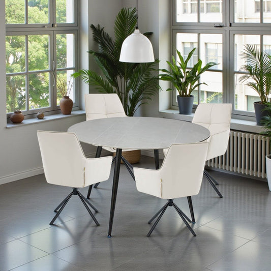 1.2m Grey Circular Ceramic Table & 4 x Light Grey Luxe Cross Stitch Swivel Chair Set - The Furniture Warehouse