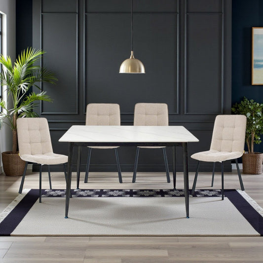 1.2m White Ceramic Table & 4 x Biscuit Panel Stitch Chair Set - The Furniture Warehouse