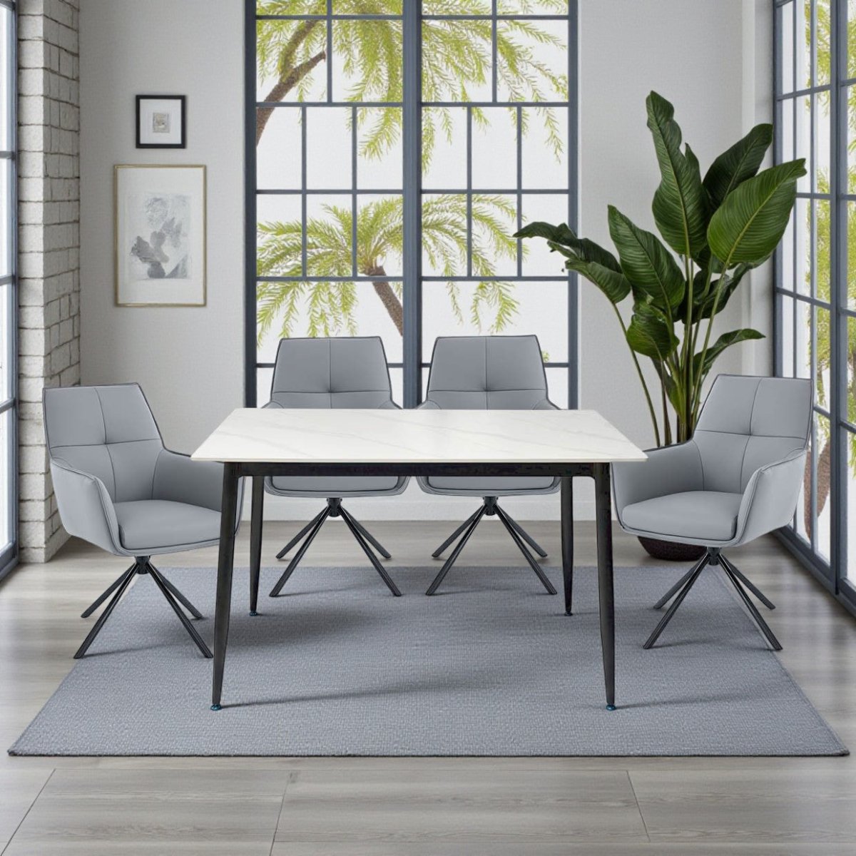 1.2m White Ceramic Table & 4 x Dark Grey Luxe Cross Stitch Swivel Chair Set - The Furniture Warehouse