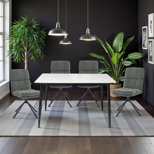 1.2m White Ceramic Table & 4 x Forest Green Luxe Panel Stitch Swivel Chair Set - The Furniture Warehouse