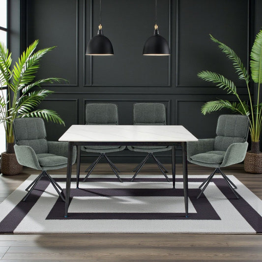 1.2m White Ceramic Table & 4 x Forest Green Luxe Panel Stitch Swivel Chair Set - The Furniture Warehouse