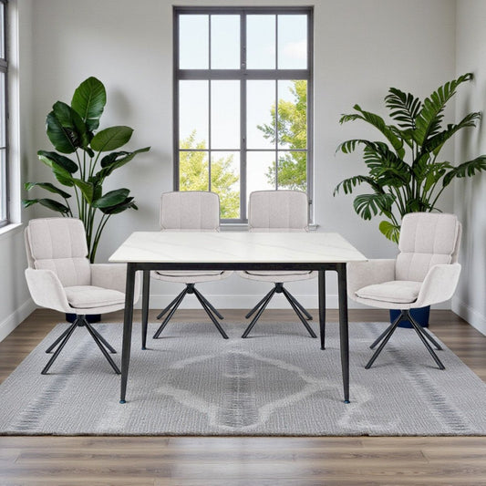 1.2m White Ceramic Table & 4 x Grey Luxe Panel Stitch Swivel Chair Set - The Furniture Warehouse