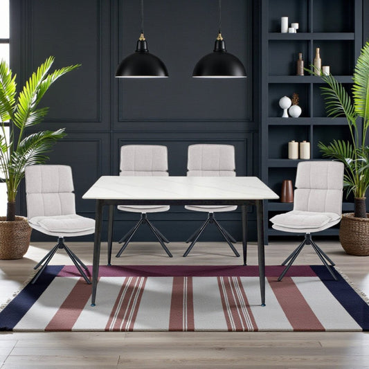 1.2m White Ceramic Table & 4 x Grey Luxe Panel Stitch Swivel Chair Set - The Furniture Warehouse
