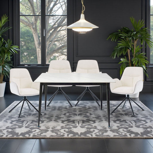 1.2m White Ceramic Table & 4 x Grey Luxe T Stitch Swivel Chair Set - The Furniture Warehouse