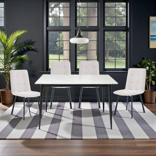 1.2m White Ceramic Table & 4 x Grey Panel Stitch Chair Set - The Furniture Warehouse