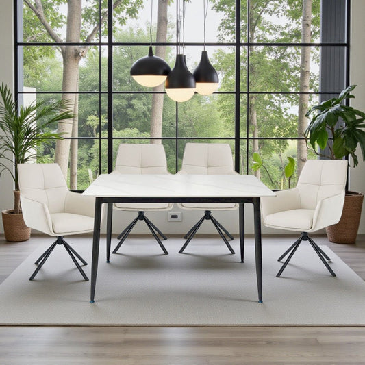1.2m White Ceramic Table & 4 x Light Grey Luxe Cross Stitch Swivel Chair Set - The Furniture Warehouse