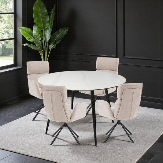 1.2m White Circular Ceramic Table & 4 x Biscuit High Back Swivel Chair Set - The Furniture Warehouse