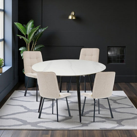 1.2m White Circular Ceramic Table & 4 x Biscuit Panel Stitch Chair Set - The Furniture Warehouse