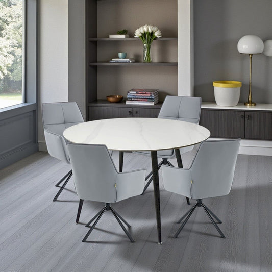 1.2m White Circular Ceramic Table & 4 x Dark Grey Luxe Cross Stitch Swivel Chair Set - The Furniture Warehouse