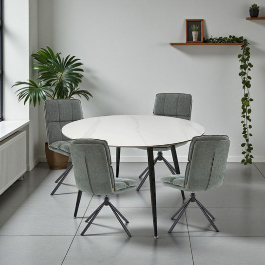 1.2m White Circular Ceramic Table & 4 x Forest Green Luxe Panel Stitch Swivel Chair Set - The Furniture Warehouse
