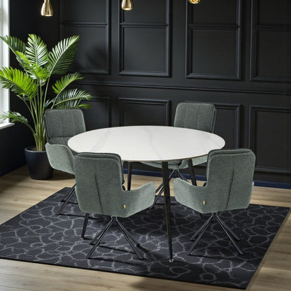 1.2m White Circular Ceramic Table & 4 x Forest Green Luxe Panel Stitch Swivel Chair Set - The Furniture Warehouse