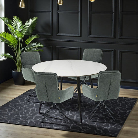 1.2m White Circular Ceramic Table & 4 x Forest Green Luxe Panel Stitch Swivel Chair Set - The Furniture Warehouse