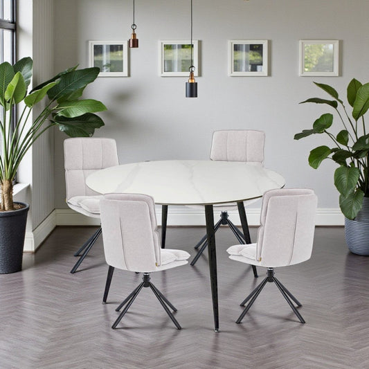 1.2m White Circular Ceramic Table & 4 x Grey Luxe Panel Stitch Swivel Chair Set - The Furniture Warehouse
