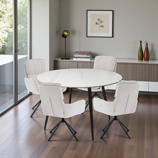 1.2m White Circular Ceramic Table & 4 x Grey Luxe Panel Stitch Swivel Chair Set - The Furniture Warehouse