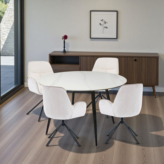 1.2m White Circular Ceramic Table & 4 x Grey Luxe T Stitch Swivel Chair Set - The Furniture Warehouse
