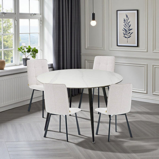 1.2m White Circular Ceramic Table & 4 x Grey Panel Stitch Chair Set - The Furniture Warehouse