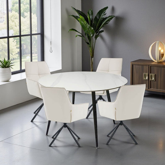 1.2m White Circular Ceramic Table & 4 x Light Grey Luxe Cross Stitch Swivel Chair Set - The Furniture Warehouse