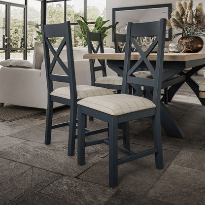 Wessex Smoked Oak Blue Painted Cross Back Dining Chair With Natural Check Seat
