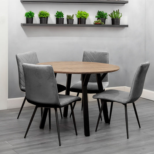 1.1m Oak Finish Round Table & 4 x CH66 Grey Chairs