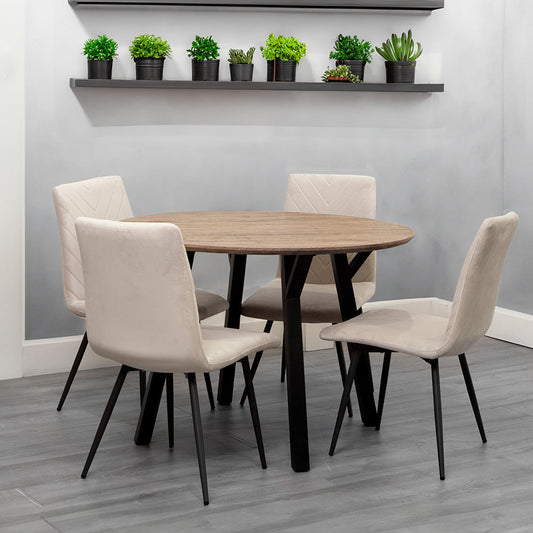 1.1m Oak Finish Round Table & 4 x CH66 Taupe Chair