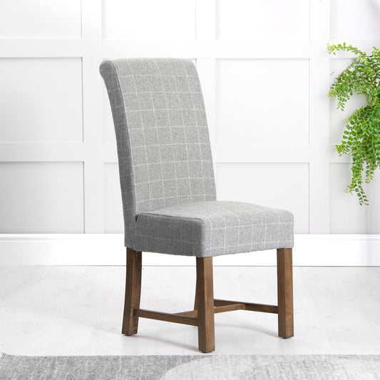 Scroll Back Dining Chair - Check Grey Wool