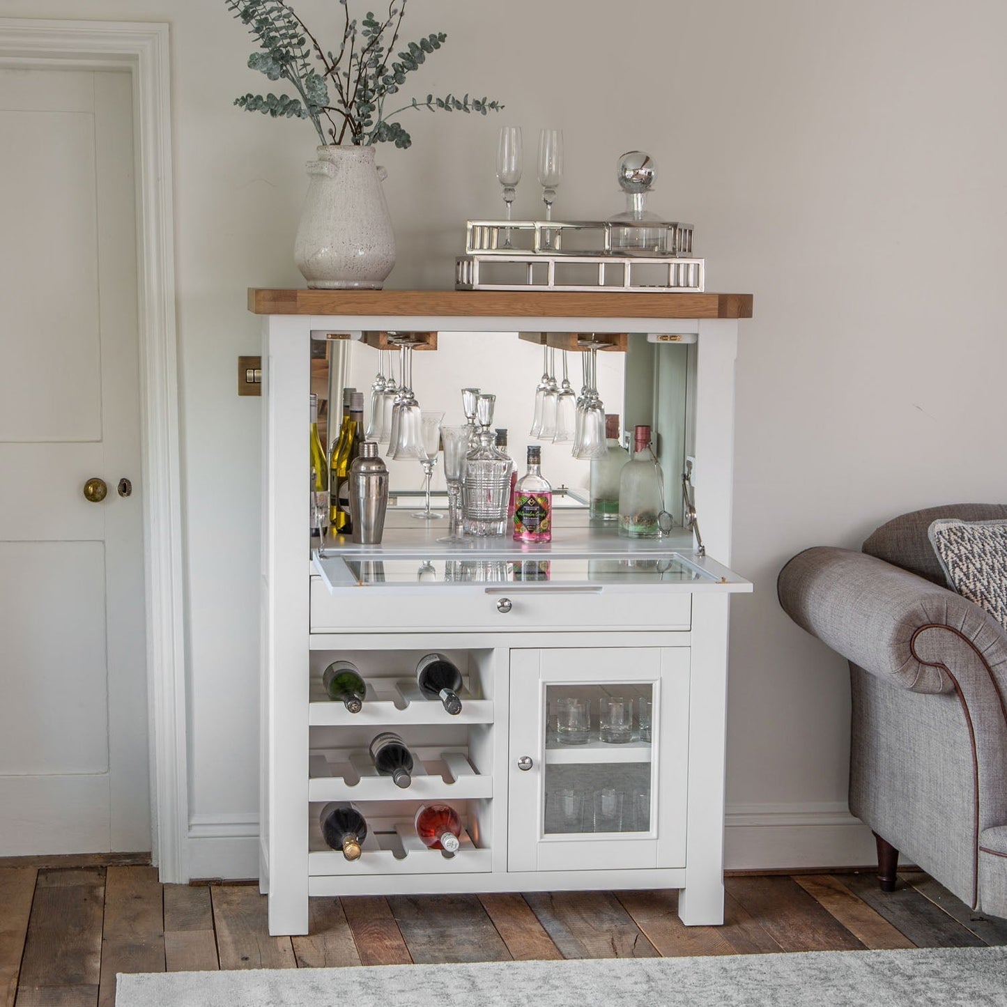 Dorset White Painted Oak Drinks Cabinet with Wine Rack