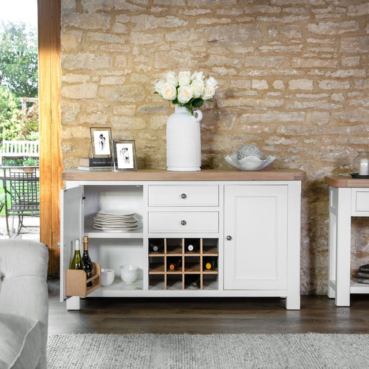 Dorset White Painted Oak Large Sideboard Wine Rack