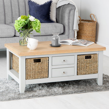 Eaton Grey Painted Oak Large Coffee Table with Wicker Baskets