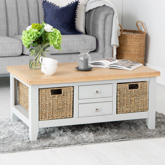Eaton Grey Painted Oak Large Coffee Table with Wicker Baskets