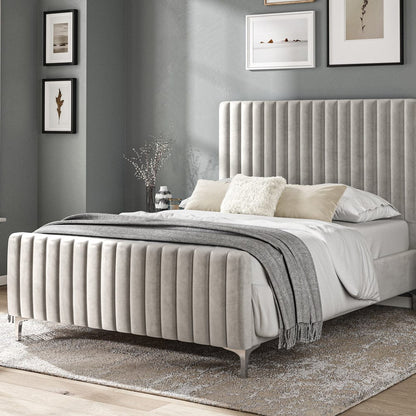Carloway Silver Velvet Double Upholstered Bed Frame
