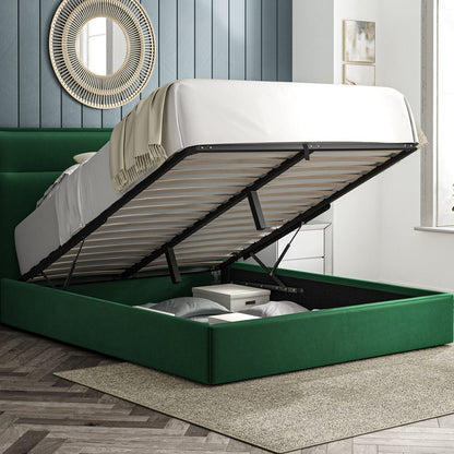 Kenmore Green Velvet King Size Upholstered Ottoman Bed Frame