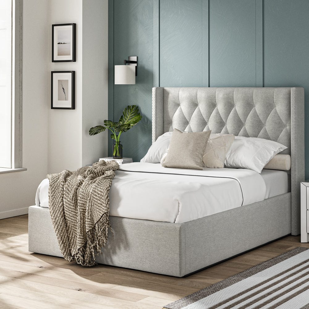 Lowick Grey Linen Double Upholstered Ottoman Bed Frame