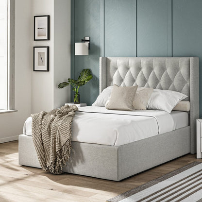Lowick Grey Linen Double Upholstered Ottoman Bed Frame