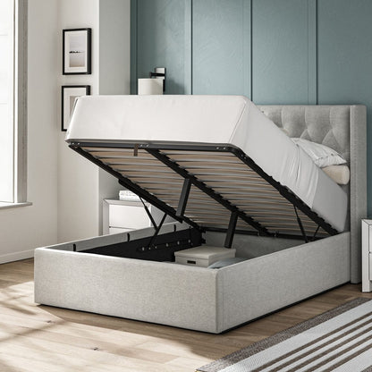 Lowick Grey Linen Double Upholstered Ottoman Bed Frame