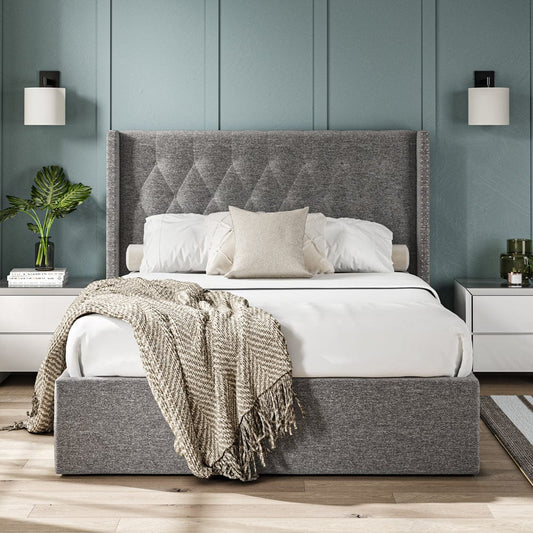 Lowick Dark Grey Linen King Size Upholstered Ottoman Bed Frame